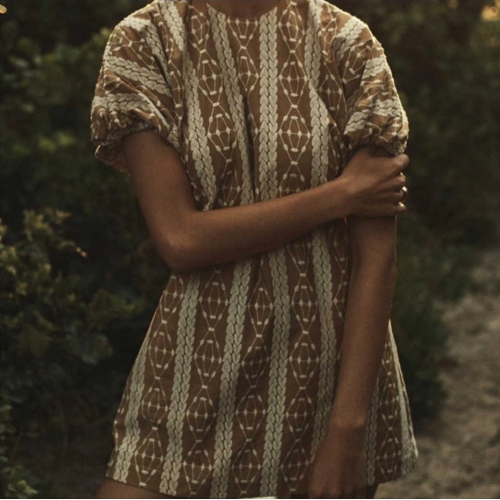 Matin Studio Embroidered Cotton Mini Dress Mustard Puff Sleeve AU 6 US 2